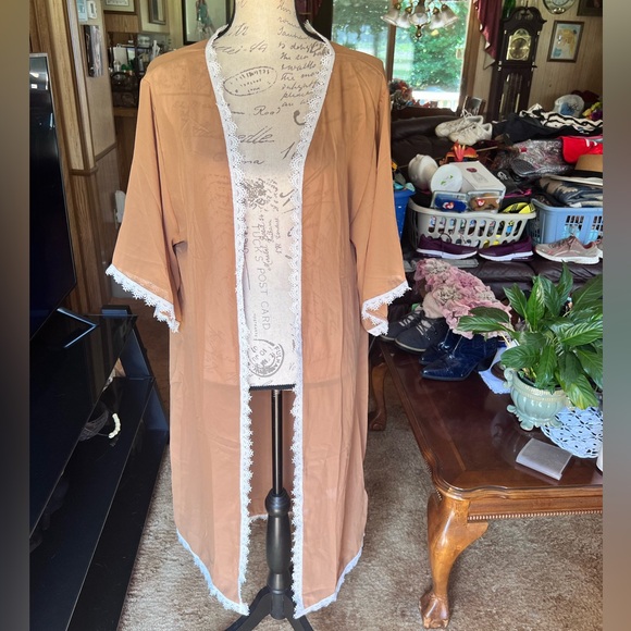 NWT LuLaRoe Womens Chloe Kimono Sz S Brown w White Lace Trim Short Sleeve NWT - Picture 16 of 16